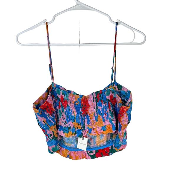 Anthropologie Pintucked Floral Bra Top Square Neck Smock Back Ruffled Blue Large - Picture 9 of 12